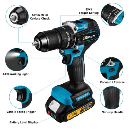 🔧 Gisam 18V Brushless Cordless Drill – 65N·m Torque, 13mm Chuck & 35+3 Settings