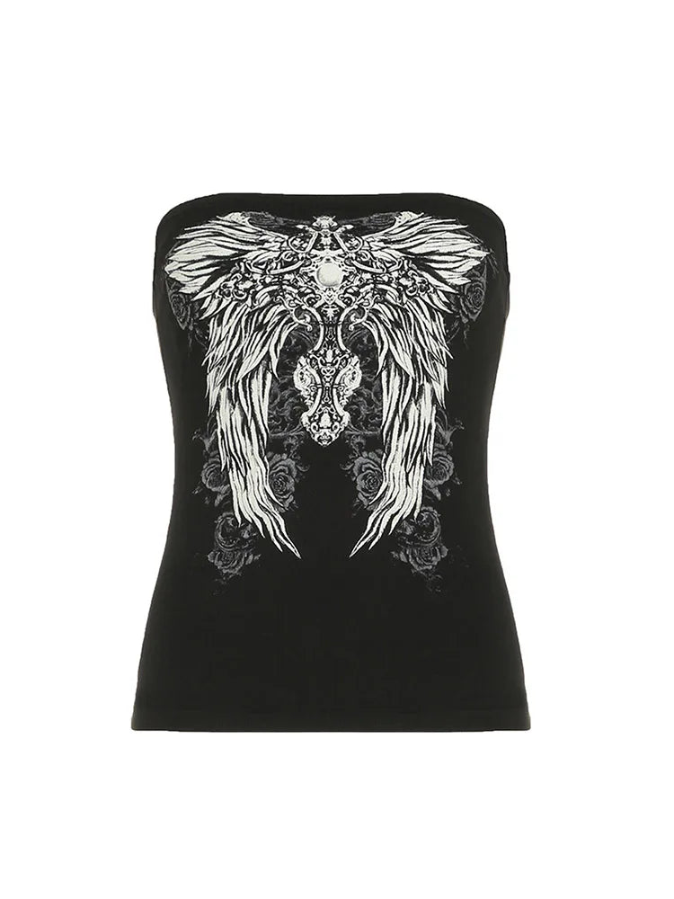 Women’s Gothic Graphic Strapless Tube Top – Black Cropped Y2K Streetwear Tank Top, Stretchy Summer Casual Vest