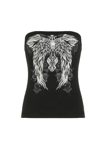 Women’s Gothic Graphic Strapless Tube Top – Black Cropped Y2K Streetwear Tank Top, Stretchy Summer Casual Vest