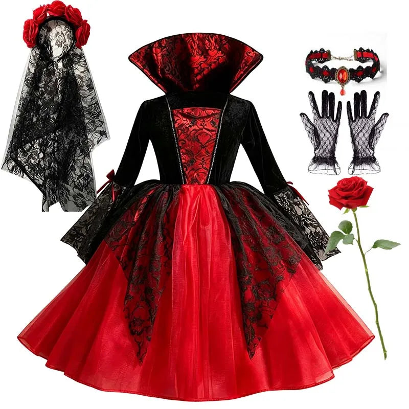 Kids Girls Gothic Halloween Costume – Red & Black Witch Vampire Dress with Wig & Veil