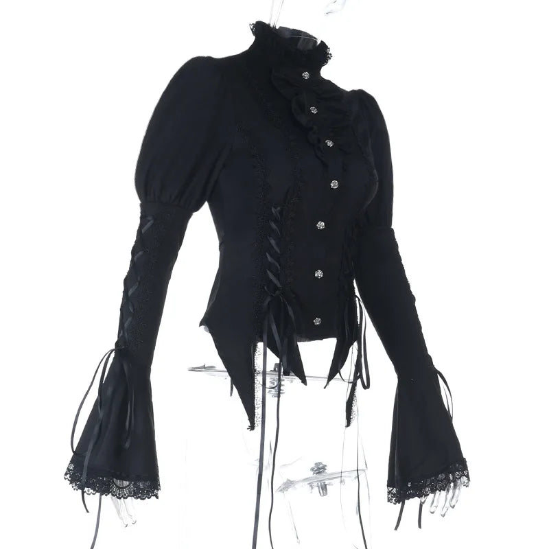 Goth Dark Gothic Lace Trim Blouse – Turtleneck Flare Sleeve Top for Halloween & Alternative Fashion