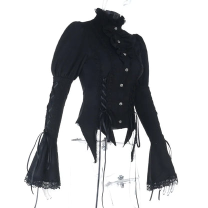 Goth Dark Gothic Lace Trim Blouse – Turtleneck Flare Sleeve Top for Halloween & Alternative Fashion