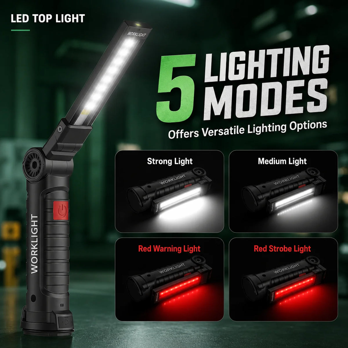 🔦 Rechargeable COB LED Work Light – USB-C Magnetic Flashlight with Hook, 360° Rotation & 5 Modes