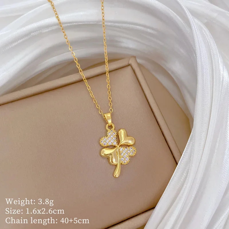 beautiful gold necklace with a four-leaf clover pendant — elegant for Women Girls Stainless Steel Chain Party Accessories Jewelry Gifts