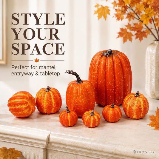 7PCS Artificial Orange Pumpkin Decor Set – Mini Foam Pumpkins for Halloween, Fall, Thanksgiving & Harvest Table Decorations, Indoor Home Decor