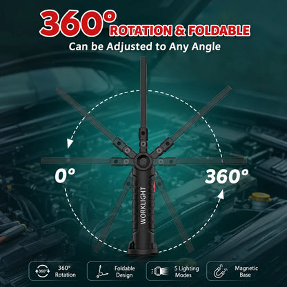 🔦 Rechargeable COB LED Work Light – USB-C Magnetic Flashlight with Hook, 360° Rotation & 5 Modes
