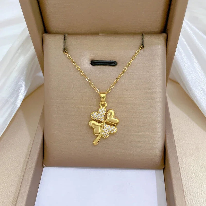 beautiful gold necklace with a four-leaf clover pendant — elegant for Women Girls Stainless Steel Chain Party Accessories Jewelry Gifts
