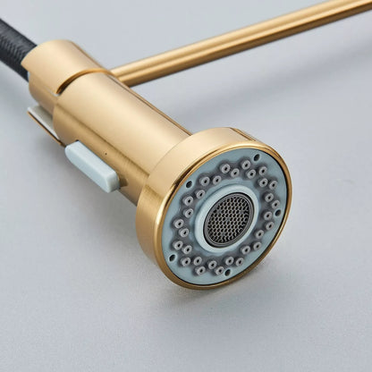 🚰 Brushed Gold Kitchen Sink Faucet – Single Handle Pull-Down Spring Faucet for Hot & Cold Water