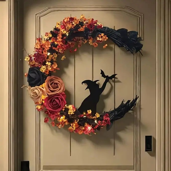 Gothic Halloween Wreath – Witch Cat Moon & Autumn Leaves Decor