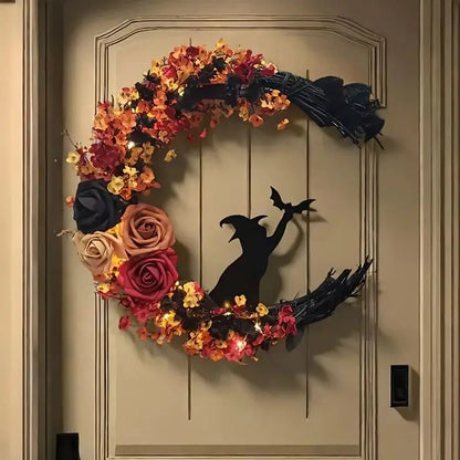 Gothic Halloween Wreath – Witch Cat Moon & Autumn Leaves Decor