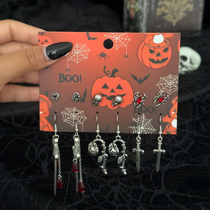 🖤 Gothic Halloween Drop Earrings Set – 6 Pairs Red Crystal Skull, Spider, Cross & Rose Earrings 🎃✨