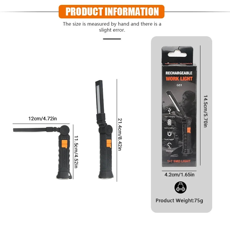 🔦 Portable COB LED Work Light – USB Rechargeable Flashlight with Magnetic Base, Hook & 360° Rotation