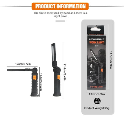 🔦 Portable COB LED Work Light – USB Rechargeable Flashlight with Magnetic Base, Hook & 360° Rotation