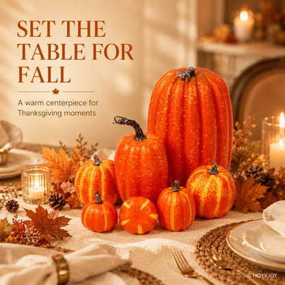 7PCS Artificial Orange Pumpkin Decor Set – Mini Foam Pumpkins for Halloween, Fall, Thanksgiving & Harvest Table Decorations, Indoor Home Decor