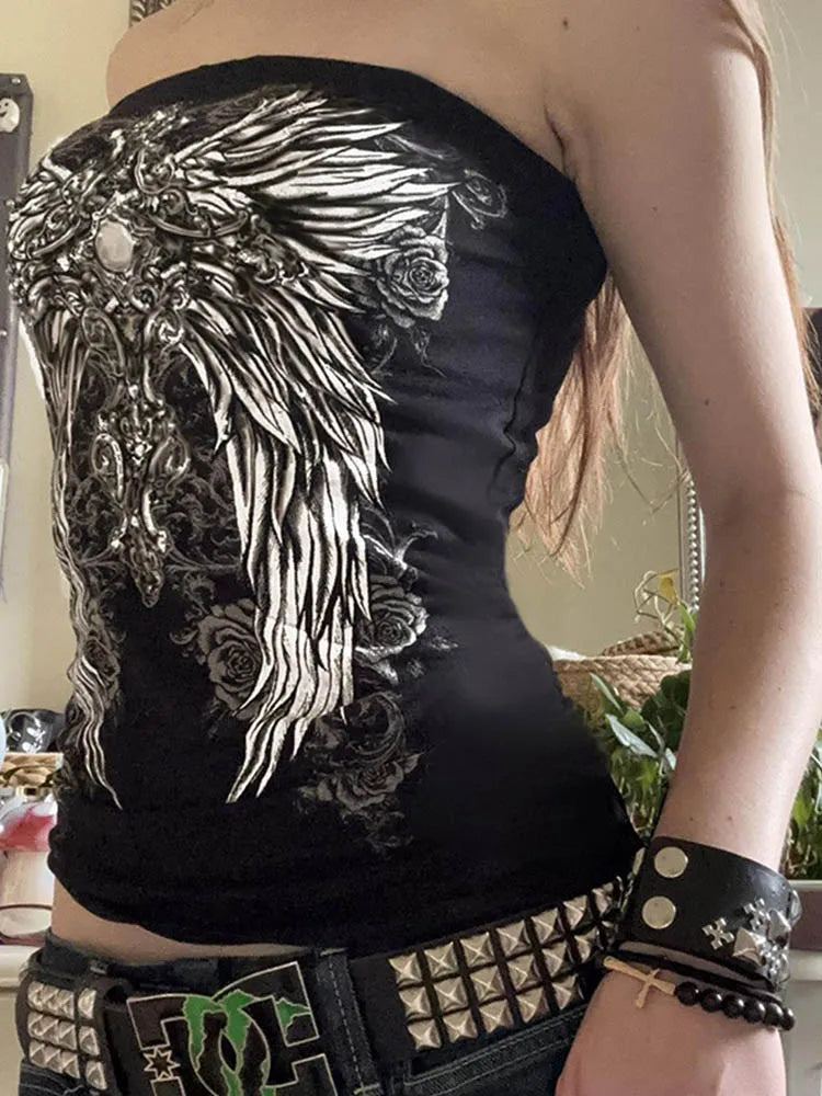 Women’s Gothic Graphic Strapless Tube Top – Black Cropped Y2K Streetwear Tank Top, Stretchy Summer Casual Vest