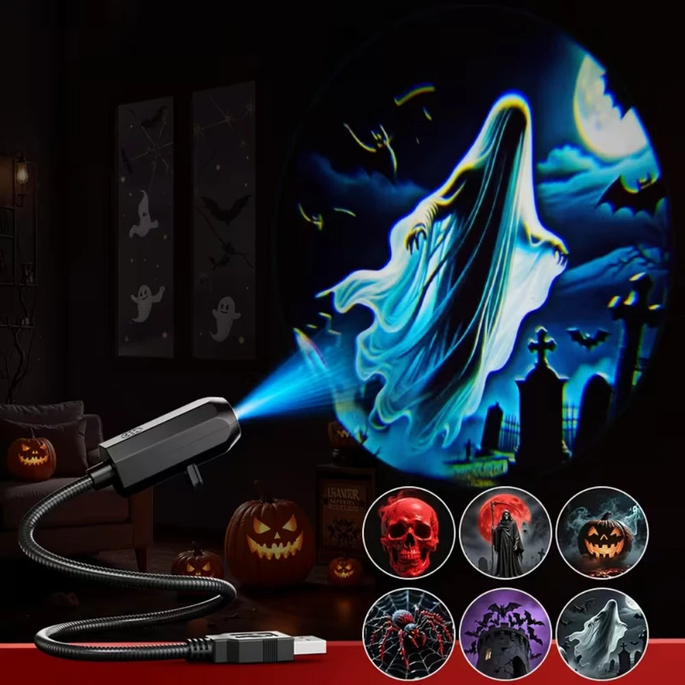 USB Halloween Projector Light – Mini LED Spooky Lamp with 6 Horror Patterns & Adjustable Gooseneck