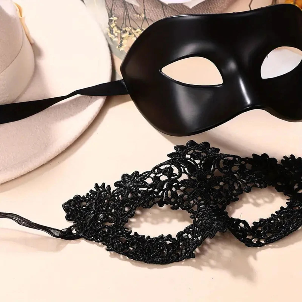 2-Piece Black Lace Masquerade Mask Set – Elegant Venetian Masks for Couples, Halloween & Costume Parties