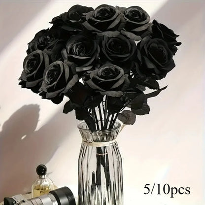 Artificial Black Roses – Long-Stem Fake Flowers for Halloween, Weddings, Parties & Home Decor