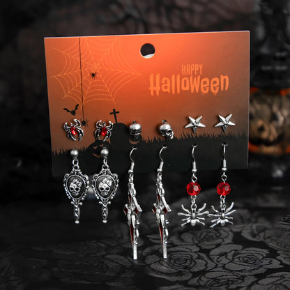 🖤 Gothic Halloween Drop Earrings Set – 6 Pairs Red Crystal Skull, Spider, Cross & Rose Earrings 🎃✨