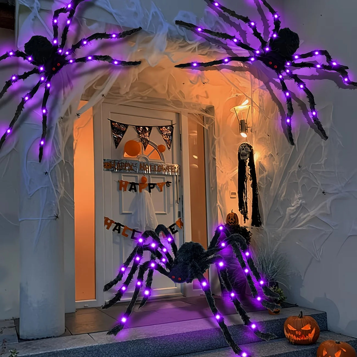 Halloween Giant Fuzzy Spider with Purple LED Lights – Large Light-Up Spider Decoration, Battery Powered, 8 Lighting Modes, Indoor & Outdoor
