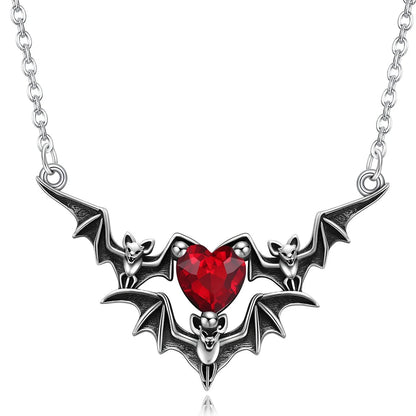 Gothic Bat Wings & Heart Pendant Necklace – Punk Dark Fantasy Jewelry for Women