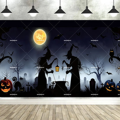 Halloween Pumpkin Skeleton Backdrop – Moon &amp; Ghost Party Decoration 🎃💀👻