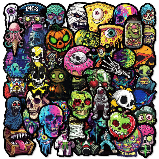 50PCS Halloween Skull & Ghost Face Stickers – Colorful Graffiti Party Decor