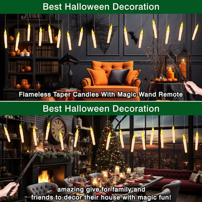 Floating LED Halloween Candles with Magic Wand – Flameless Flickering Hanging Candles 🕯️✨