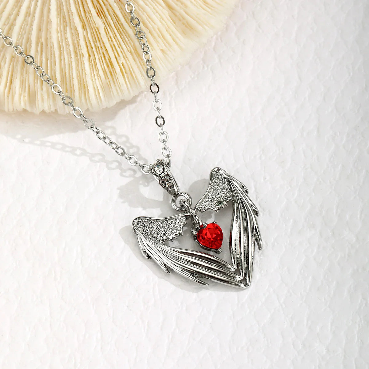 Gothic Bat Wings & Heart Pendant Necklace – Punk Dark Fantasy Jewelry for Women