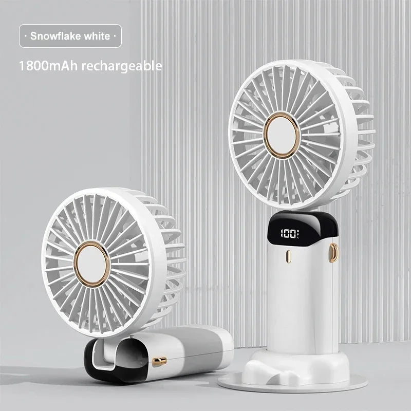 Portable Mini Fan – 5-Speed Rechargeable Handheld, Neck & Desktop Fan with LED Display, Phone Stand & 1800mAh Battery