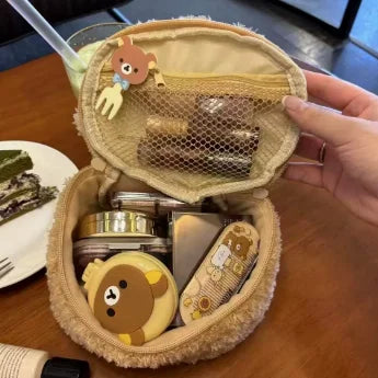 Cute Bear Plush Makeup Bag – Double-Layer Cosmetic Organizer with Mesh Pocket & Zipper