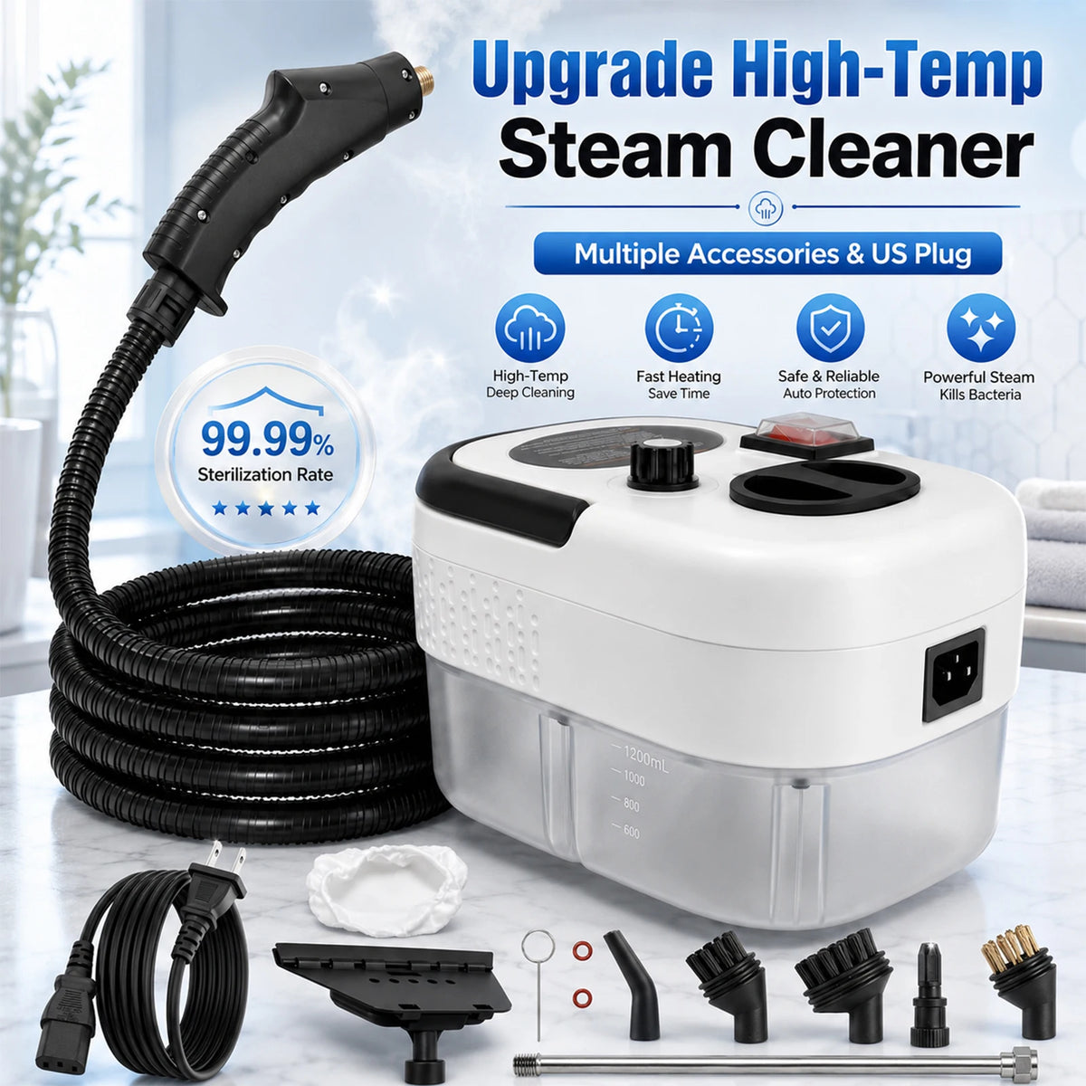 🧼 2500W Handheld Steam Cleaner – 105°C High-Temperature Steam, 3 Bar Pressure & 1200ml Tank