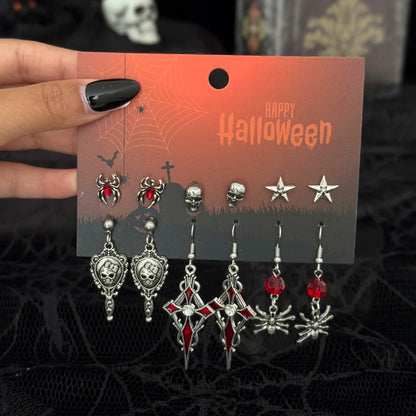 🖤 Gothic Halloween Drop Earrings Set – 6 Pairs Red Crystal Skull, Spider, Cross & Rose Earrings 🎃✨