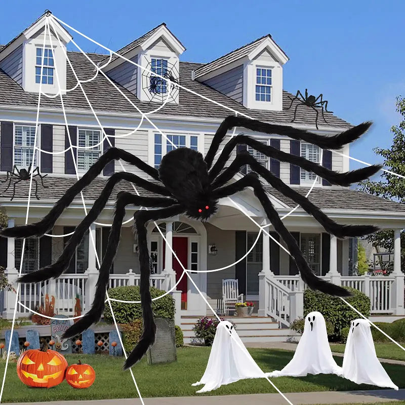 Giant Black Spider Halloween Decoration – 30–200cm Plush Outdoor Party Prop🕷️🎃