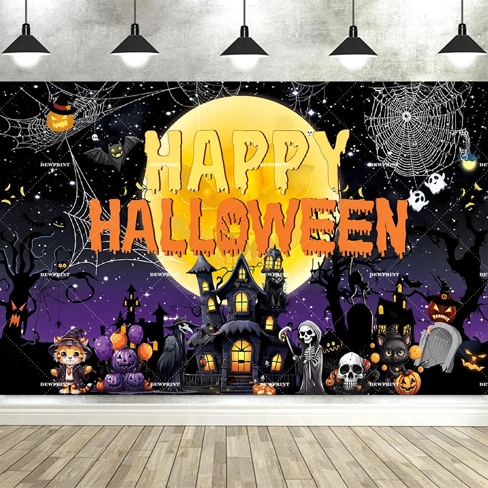 Halloween Pumpkin Skeleton Backdrop – Moon &amp; Ghost Party Decoration 🎃💀👻