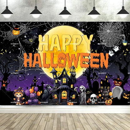 Halloween Pumpkin Skeleton Backdrop – Moon &amp; Ghost Party Decoration 🎃💀👻