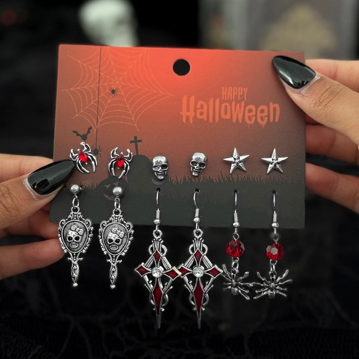 🖤 Gothic Halloween Drop Earrings Set – 6 Pairs Red Crystal Skull, Spider, Cross & Rose Earrings 🎃✨