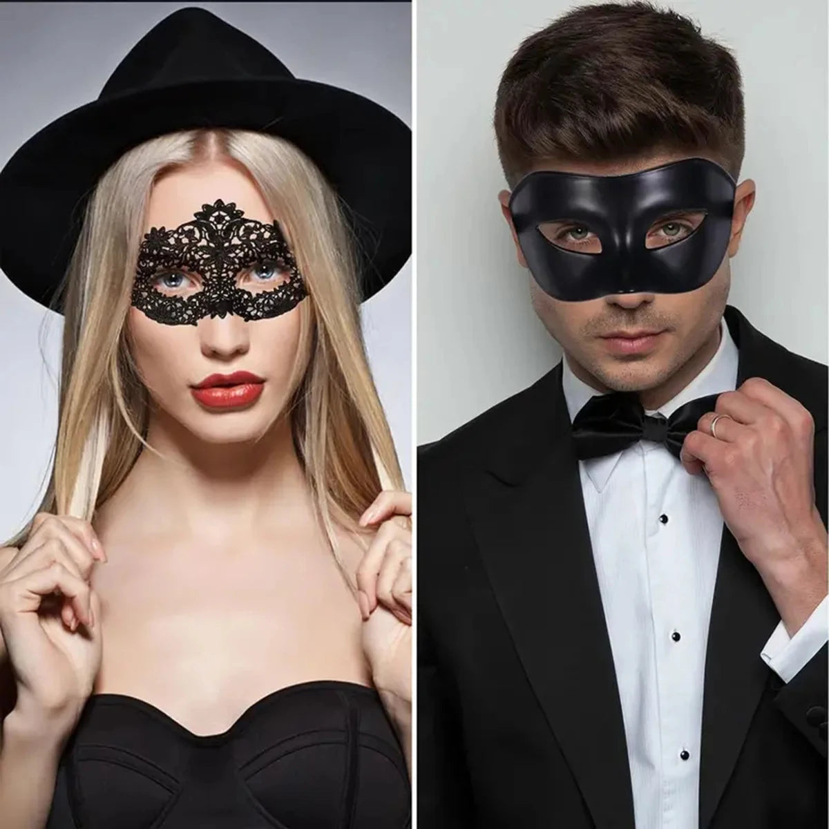 2-Piece Black Lace Masquerade Mask Set – Elegant Venetian Masks for Couples, Halloween & Costume Parties
