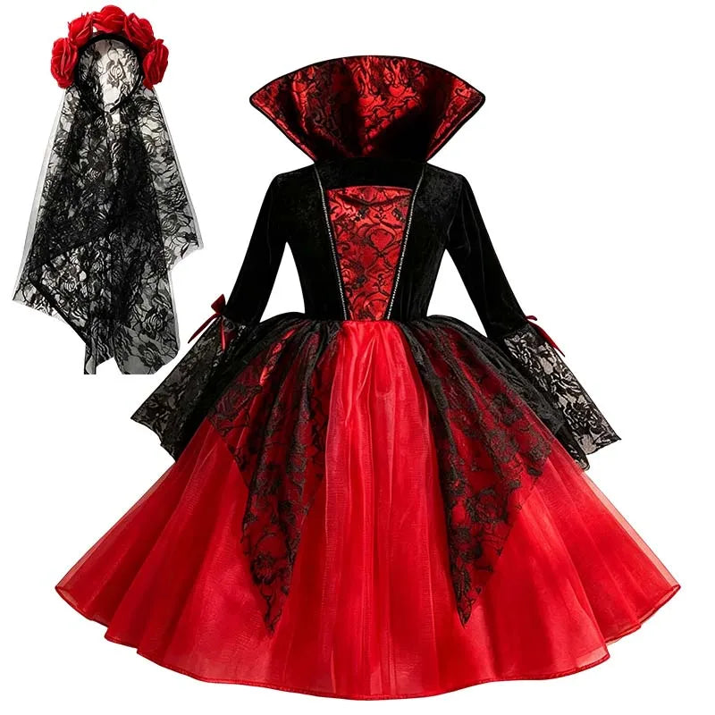 Kids Girls Gothic Halloween Costume – Red & Black Witch Vampire Dress with Wig & Veil