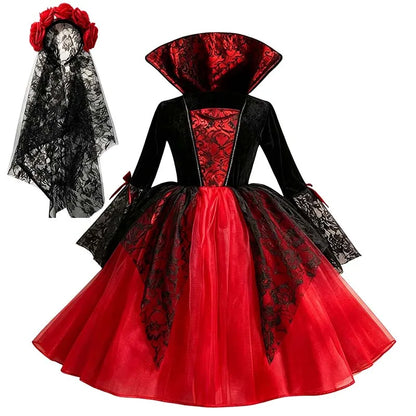 Kids Girls Gothic Halloween Costume – Red & Black Witch Vampire Dress with Wig & Veil