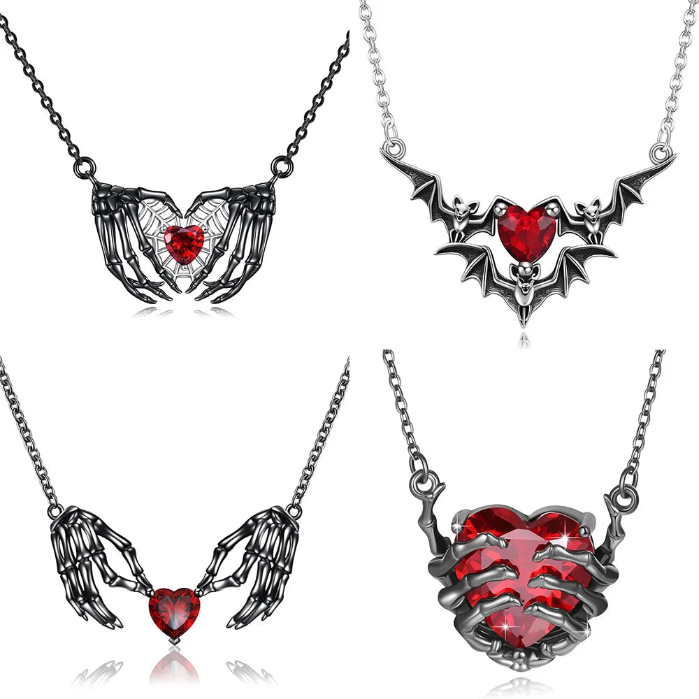 Gothic Bat Wings & Heart Pendant Necklace – Punk Dark Fantasy Jewelry for Women