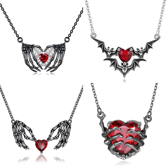 Gothic Bat Wings & Heart Pendant Necklace – Punk Dark Fantasy Jewelry for Women