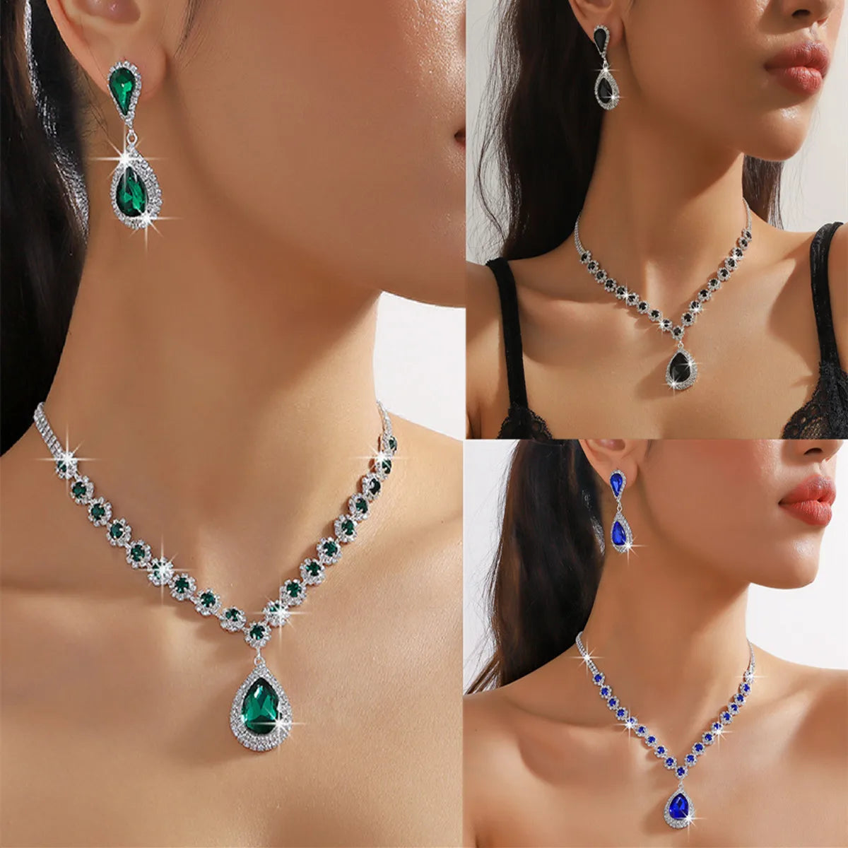 💎 Crystal Water Drop Necklace &amp; Earrings Set – Elegant Wedding Jewelry
