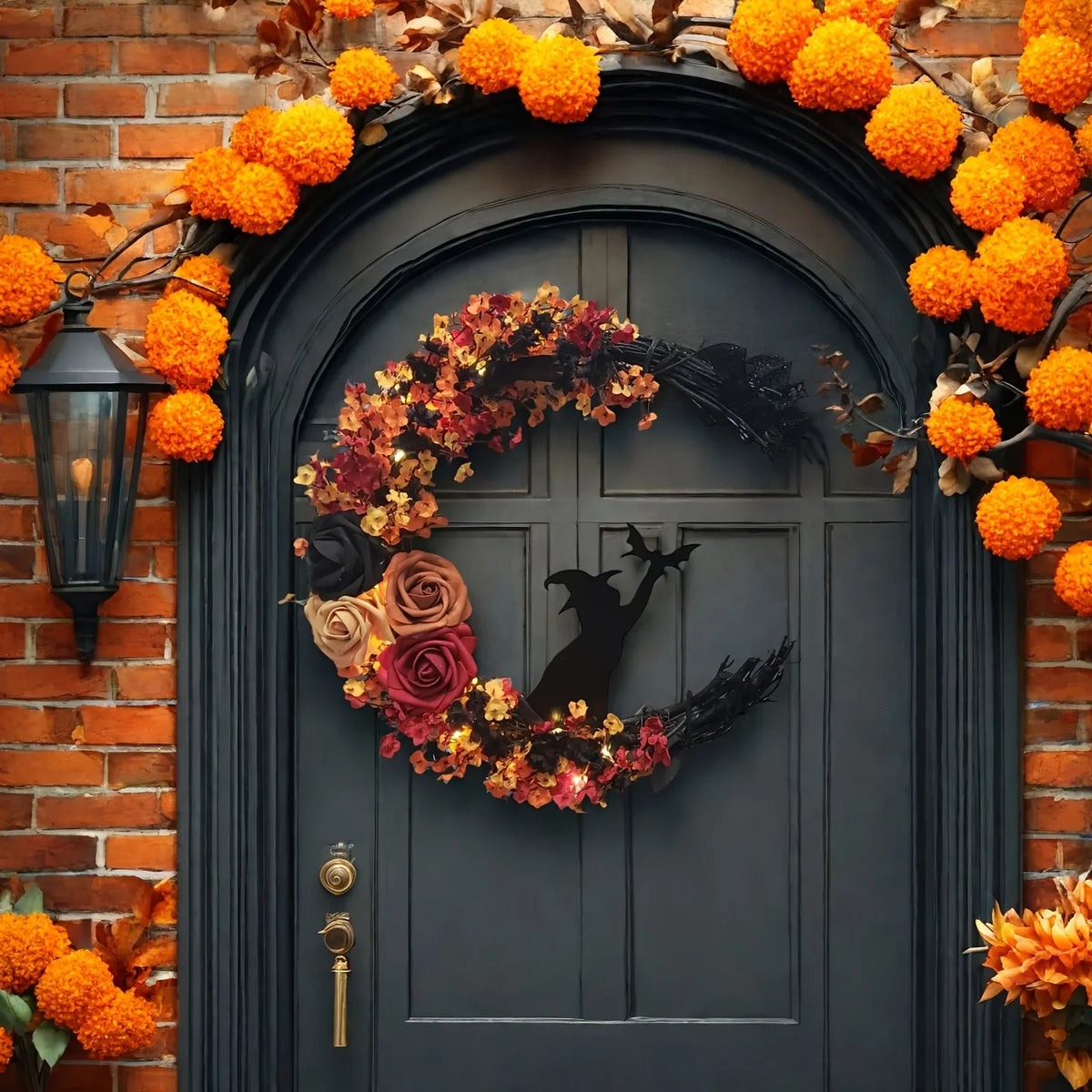 Gothic Halloween Wreath – Witch Cat Moon & Autumn Leaves Decor