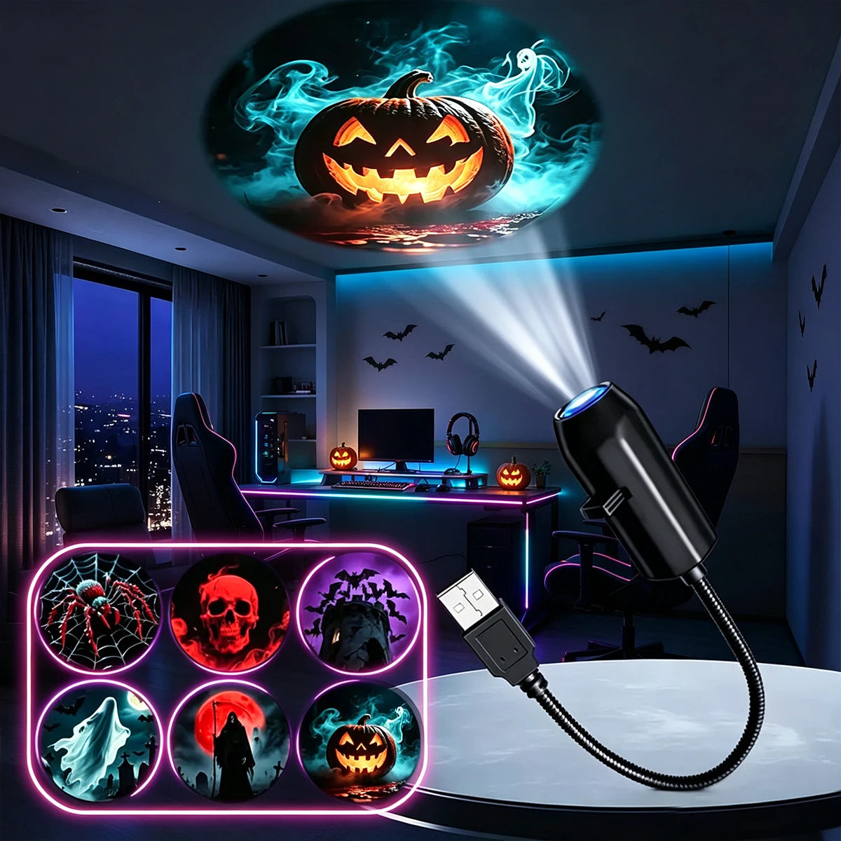 USB Halloween Projector Light – Mini LED Spooky Lamp with 6 Horror Patterns & Adjustable Gooseneck