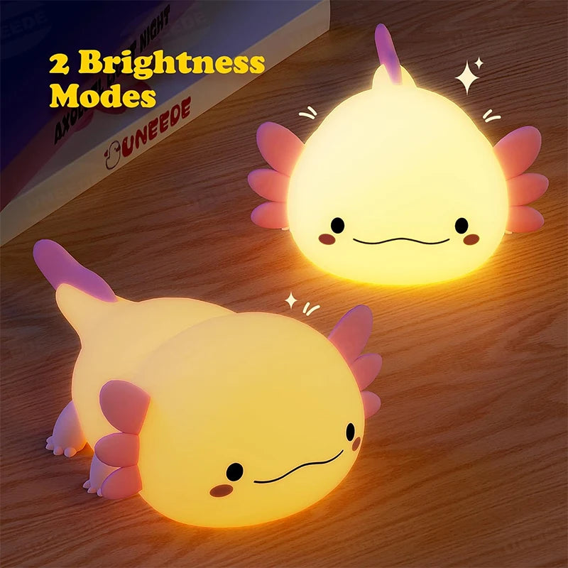 🦎 Cute Axolotl Silicone Night Light – Touch-Control LED Lamp with Rechargeable Battery