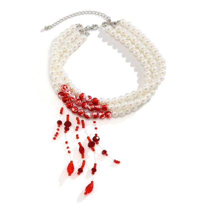 Vintage Gothic Blood Pattern Layered Necklace – Pearl &amp; Crystal Tassel Pendant 🩸🖤