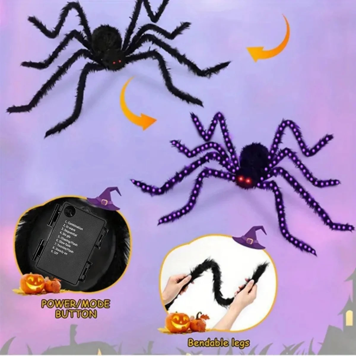 Halloween Giant Fuzzy Spider with Purple LED Lights – Large Light-Up Spider Decoration, Battery Powered, 8 Lighting Modes, Indoor & Outdoor