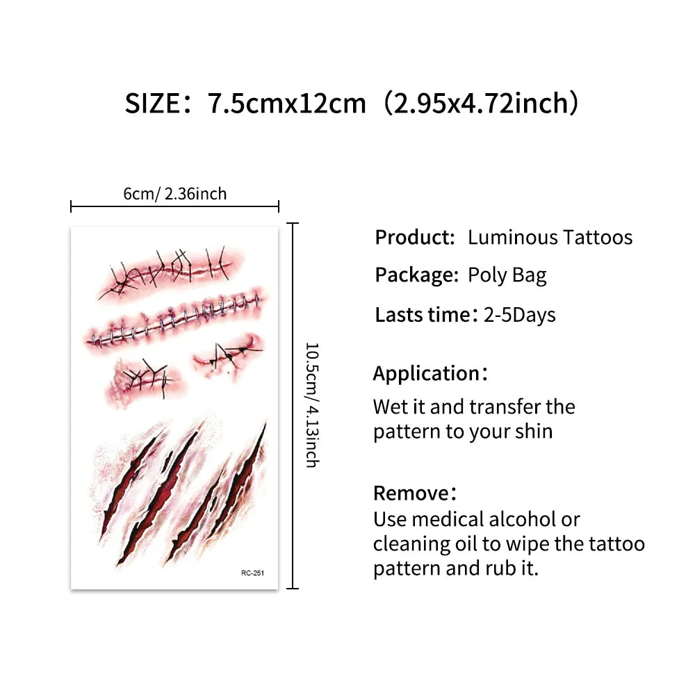 16-Piece Halloween 3D Fake Scar Temporary Tattoos – Bloody Wound & Zombie Designs for Face and Body, Waterproof Costume Makeup for Halloween, Cosplay & Parties