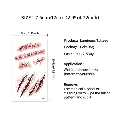 16-Piece Halloween 3D Fake Scar Temporary Tattoos – Bloody Wound & Zombie Designs for Face and Body, Waterproof Costume Makeup for Halloween, Cosplay & Parties